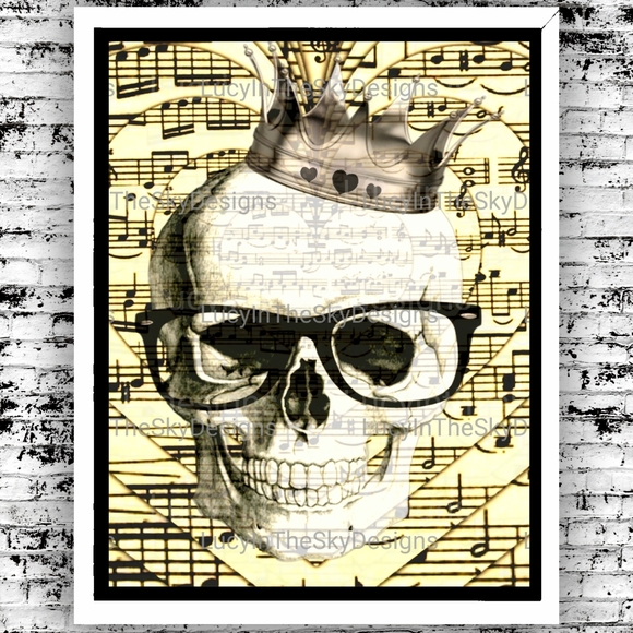 Other - Skull with Crown and Glasses Art Print Heart Music Lover Unique Wall Decor